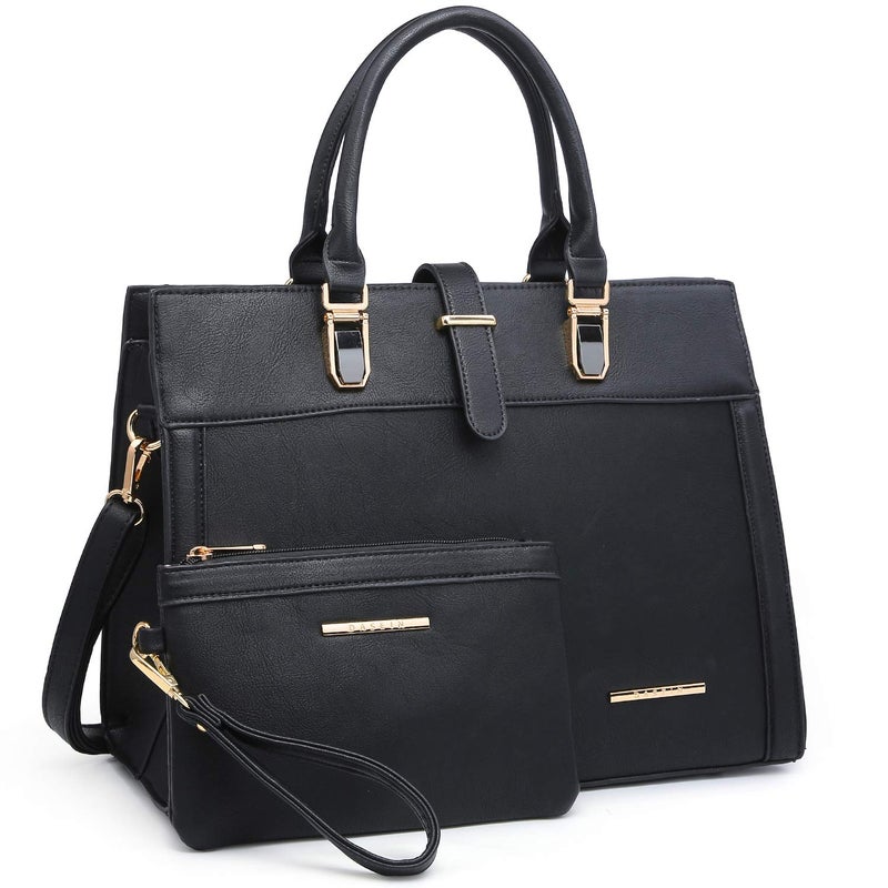 DASEIN Women's Handbag Flap-over Belt Shoulder Bag Top Handle Tote Satchel Purse Work Bag w/Matching Wristlet (Black) - Image 1